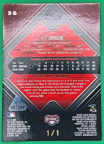 NICK JOHNSON 2006 Topps Finest Framed PRINTING PLATE SP 1/1 Nationals Yankees of