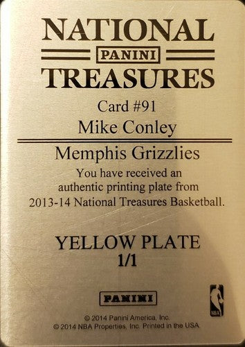 MIKE CONLEY JR 2013-14 National Treasures PRINTING PLATE 1/1 of 1 Jazz Grizzlies