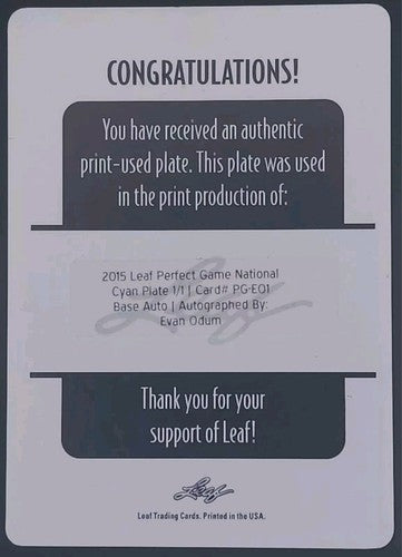 EVAN ODUM 2015 Leaf Perfect Game National RC AUTO PRINTING PLATE SP #1/1 UNC ECU