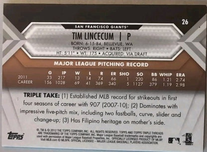 TIM LINCECUM 2012 Topps Triple Threads SEPIA PARALLEL SP #/625 Giants Angels #26
