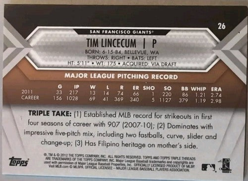 TIM LINCECUM 2012 Topps Triple Threads SEPIA PARALLEL SP #/625 Giants Angels #26