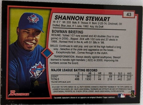 SHANNON STEWART 2022 Topps Archives Signature Series 2001 Bowman AUTO #1/1 Jays