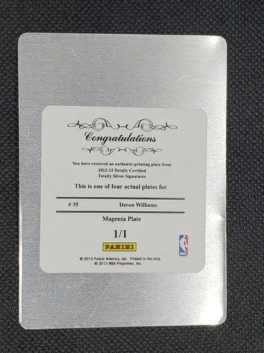 DERON WILLIAMS 2012-13 Panini Totally Certified PRINTING PLATE #1/1 Nets One of