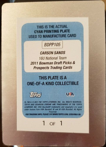 CARSON SANDS 2011 Bowman Draft Picks and Prospects PRINTING PLATE #1/1 of 1 Cubs