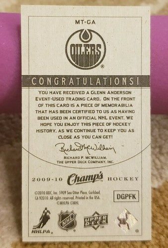 GLENN ANDERSON 2009-10 Upper Deck UD Champs Mini Threads Game Used Jersey Oilers