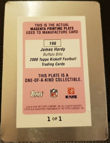 JAMES HARDY 2008 Topps Kickoff RC PRINTING PLATE SP #1/1 Buffalo Bills Ravens