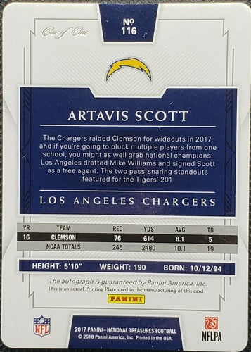 ARTAVIS SCOTT 2017 Panini National Treasures RC AUTO PRINTING PLATE 1/1 Chargers
