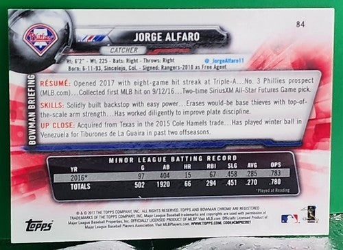 JORGE ALFARO 2020 Topps Archives 2017 Bowman Chrome RC AUTO SP #1/1 Phillies of