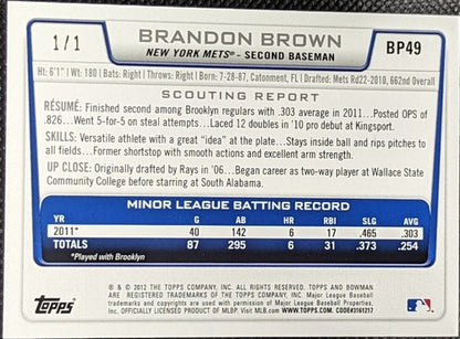 BRANDON BROWN 2012 Topps Bowman Draft Picks Prospects 1st RC RED 1/1 Mets One of
