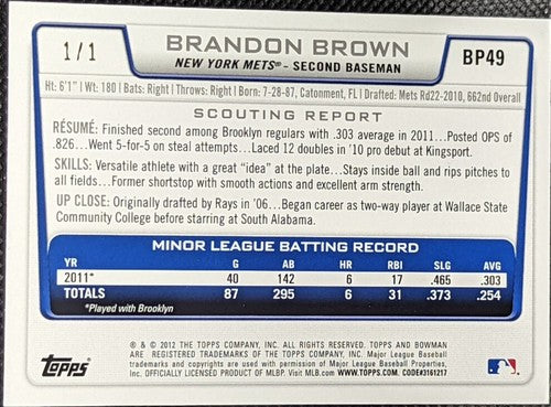 BRANDON BROWN 2012 Topps Bowman Draft Picks Prospects 1st RC RED 1/1 Mets One of