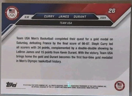 LeBron JAMES Stephen CURRY Kevin DURANT 2024 Topps Now 8.10 Olympics Team USA 26