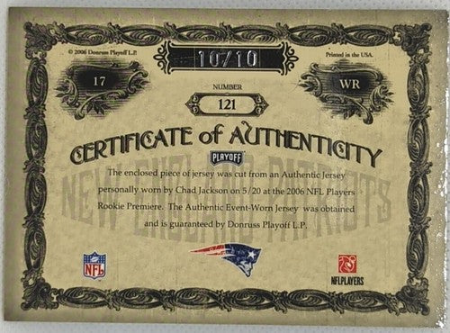 CHAD JACKSON 2006 Playoff National Treasures Jersey LAUNDRY TAG LOGO PATCH #/10