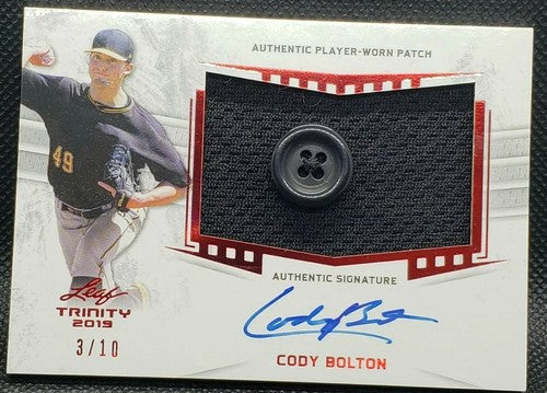 CODY BOLTON 2019 Leaf Trinity DUAL AUTO JUMBO Jersey BUTTON PATCH SP /10 Pirates