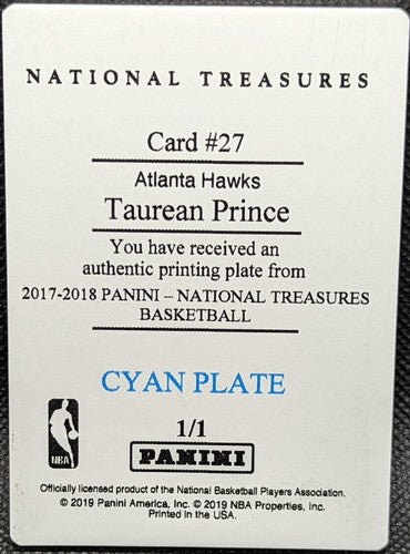 ð¦ TAUREAN PRINCE 2017-18 Panini National Treasures PRINTING PLATE #1/1 Hawks of