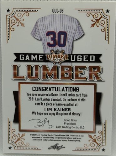 TIM RAINES 2021 Leaf Lumber JUMBO Game Used BAT PATCH Gold #/25 Expos White Sox