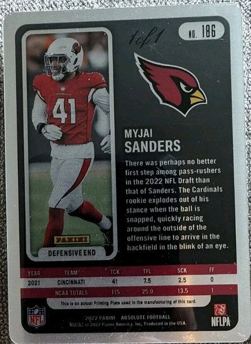 MYJAI SANDERS 2022 Panini Absolute RC PRINTING PLATE SP #1/1 Cardinals Texans of