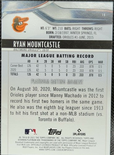 RYAN MOUNTCASTLE 2021 Topps Bowman Platinum RC Aqua Ice Refractor #/250 Orioles