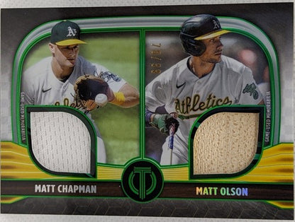 MATT OLSON CHAPMAN 2022 Topps Tribute DUAL Jersey Bat Patch Green /99 A's Braves