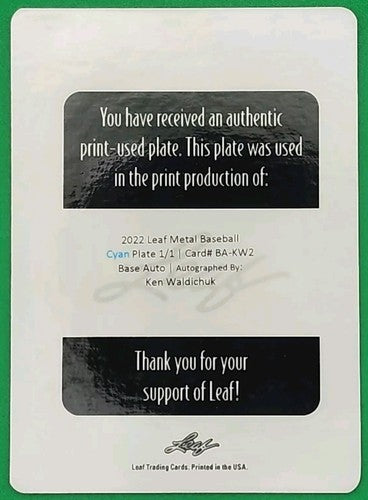 KEN WALDICHUK 2022 Leaf Metal RC AUTO PRINTING PLATE #1/1 Oakland Athletics A's