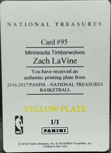 ZACH LaVINE 2016-17 Panini National Treasures PRINTING PLATE SP 1/1 Wolves Kings
