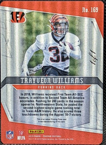 TRAYVEON WILLIAMS 2019 Panini Phoenix RC PRINTING PLATE SP #1/1 Bengals One of