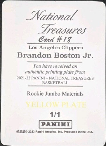 BRANDON BOSTON JR. 2021-22 Panini National Treasures PRINTING PLATE 1/1 Clippers