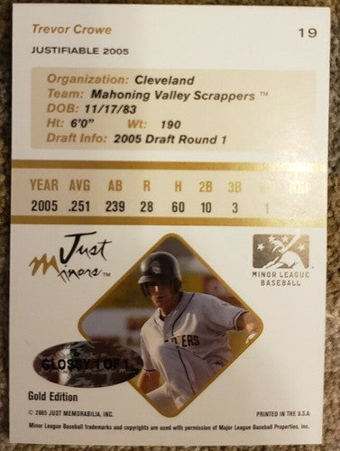 TREVOR CROWE 2005 Just Minors Justifiable Gold RC Glossy SP #1/1 of Cleveland