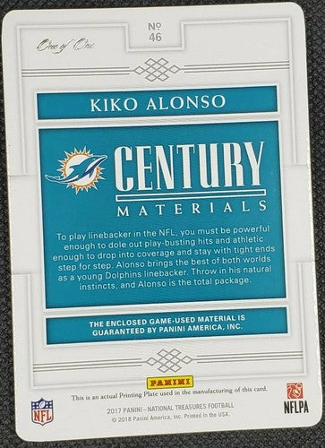 KIKO ALONSO 2017 National Treasures LOGO PATCH PRINTING PLATE SP #1/1 Dolphins