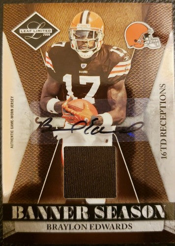 BRAYLON EDWARDS 2008 Leaf Limited DUAL AUTO Game Used Jersey SP #/25 Browns Jets