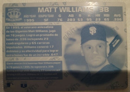 MATT WILLIAMS  1996 Pacific Crown Collection 1/1 PRINTING PLATE Giants Tigers SP