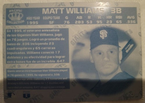 MATT WILLIAMS  1996 Pacific Crown Collection 1/1 PRINTING PLATE Giants Tigers SP