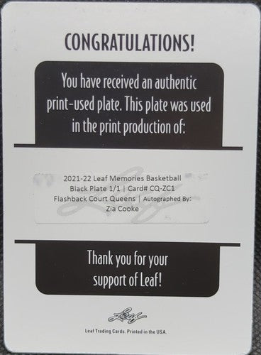 ZIA COOKE 2021-22 Leaf Memories RC AUTO PRINTING PLATE 1/1 South Carolina One of