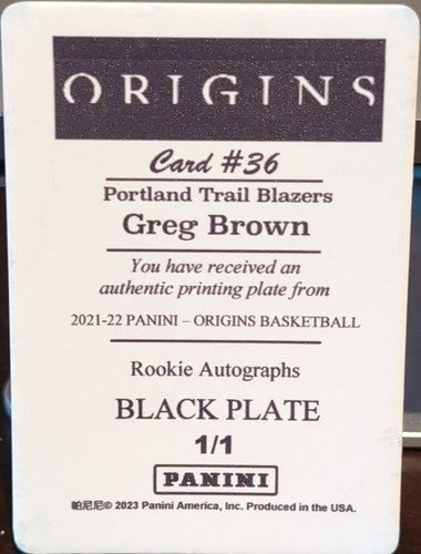 GREG BROWN 2021-22 Panini Origins RC Autographs PRINTING PLATE 1/1 Trail Blazers