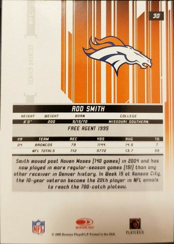 ROD SMITH 2005 Donruss Leaf Rookies & Stars Longevity BLACK #/99 Denver Broncos