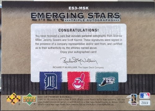 Andrew MILLER Scott KAZMIR Jeremy SOWERS 2007 UD Premier TRIPLE RC AUTO GOLD /10