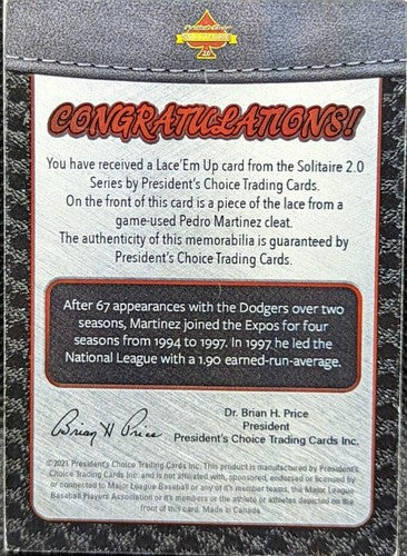 PEDRO MARTINEZ 2021 President's Choice Game Used Worn CLEAT SHOE LACE PATCH #1/1