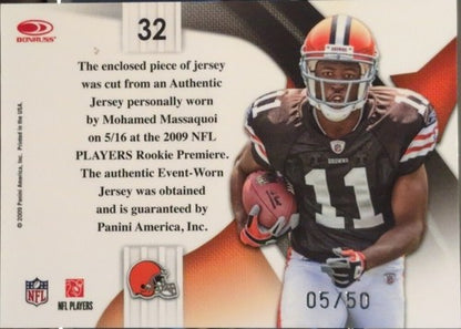 MOHAMED MASSAQUOI 2009 National Treasures NFL SHIELD LOGO LAUNDRY TAG PATCH #/50