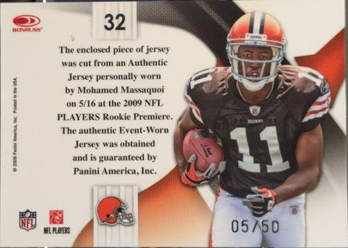 MOHAMED MASSAQUOI 2009 National Treasures NFL SHIELD LOGO LAUNDRY TAG PATCH #/50