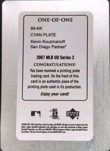 KEVIN KOUZMANOFF 2007 MLB UD Series 2 1989 RC Reprint PRINTING PLATE #1/1 Padres