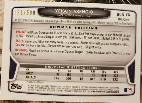 YEISON ASENCIO 2013 Bowman Chrome Prospects AUTO Refractor /500 San Diego Padres