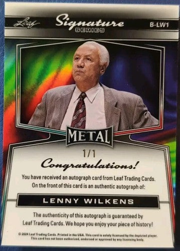 LENNY WILKENS 2024 Leaf Metal Signature Series AUTO BLUE #1/1 Hawks SuperSonics