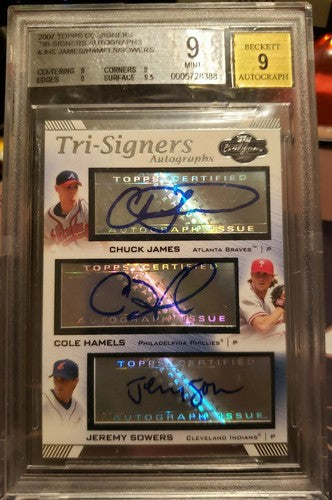Cole HAMELS Chuck JAMES Jeremy SOWERS 2007 Topps Co-Signers TRIPLE AUTO GRADED 9