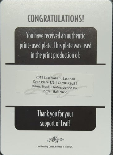 JORDAN BALAZOVIC 2019 Leaf Valiant RC AUTO PRINTING PLATE SP #1/1 Twins One of