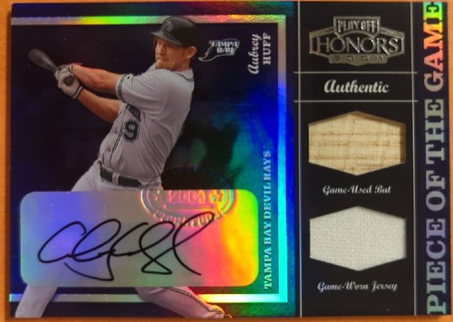 AUBREY HUFF 2004 Playoff Honors DUAL AUTO Game Used JERSEY BAT Relic #08/10 Rays