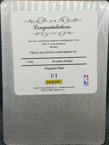 BRANDON KNIGHT 2012-13 Panini Gold Standard RC PRINTING PLATE 1/1 Pistons One of
