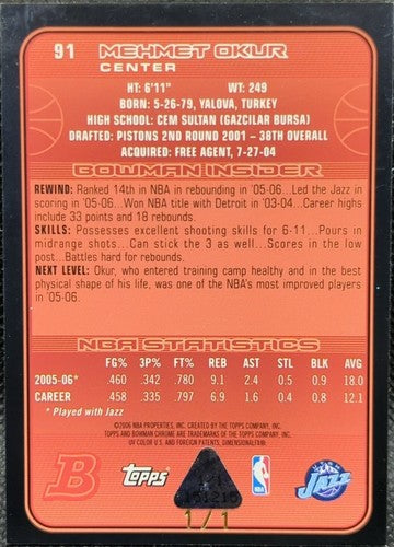 MEHMET OKUR 2006-07 Topps Bowman Chrome PRINTING PLATE #1/1 Jazz Pistons One of