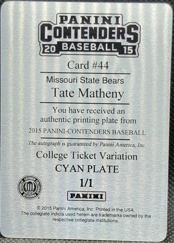 TATE MATHENY 2015 Panini Contenders RC AUTO PRINTING PLATE #1/1 Red Sox Mike of