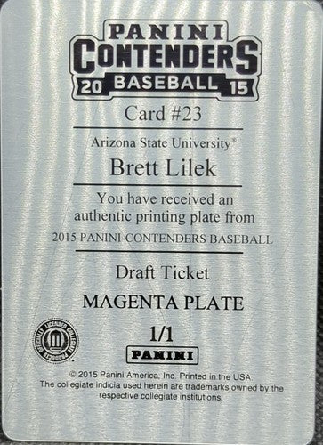 BRETT LILEK 2015 Panini Contenders RC PRINTING PLATE SP #1/1 Marlins ASU One of