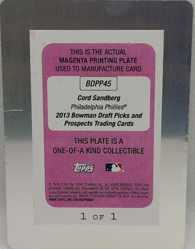 CORD SANDBERG 2013 Bowman Draft Picks RC PRINTING PLATE #1/1 Phillies Auburn of