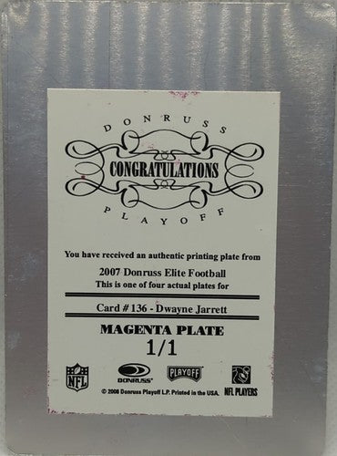 DWAYNE JARRETT 2007 Donruss Elite RC PRINTING PLATE SP #1/1 Panthers USC One of